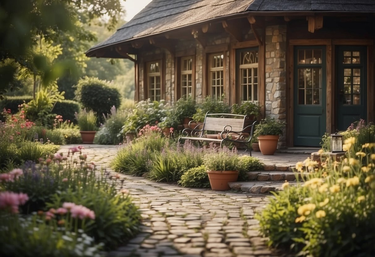 A rustic old house with a charming garden, featuring winding pathways, blooming flower beds, and a cozy seating area for relaxing