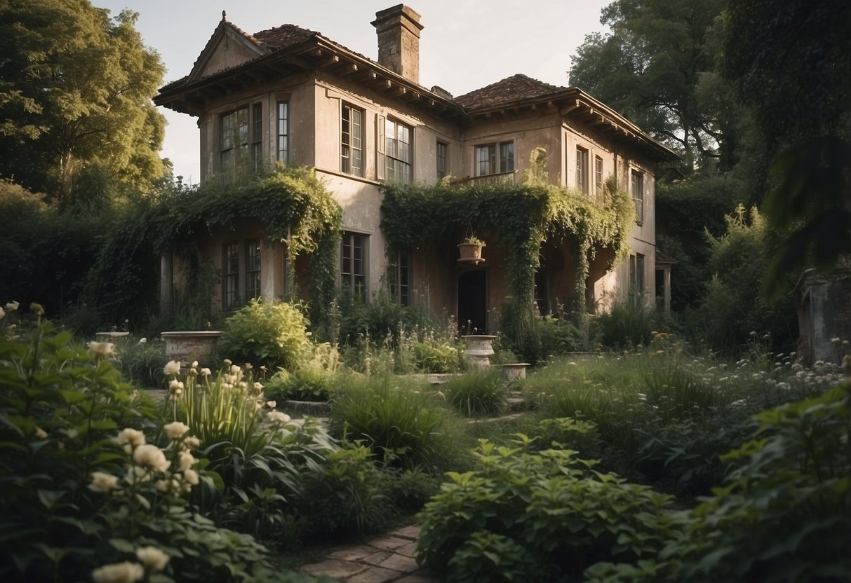 An old house with a sprawling garden, featuring historical architectural details and overgrown greenery