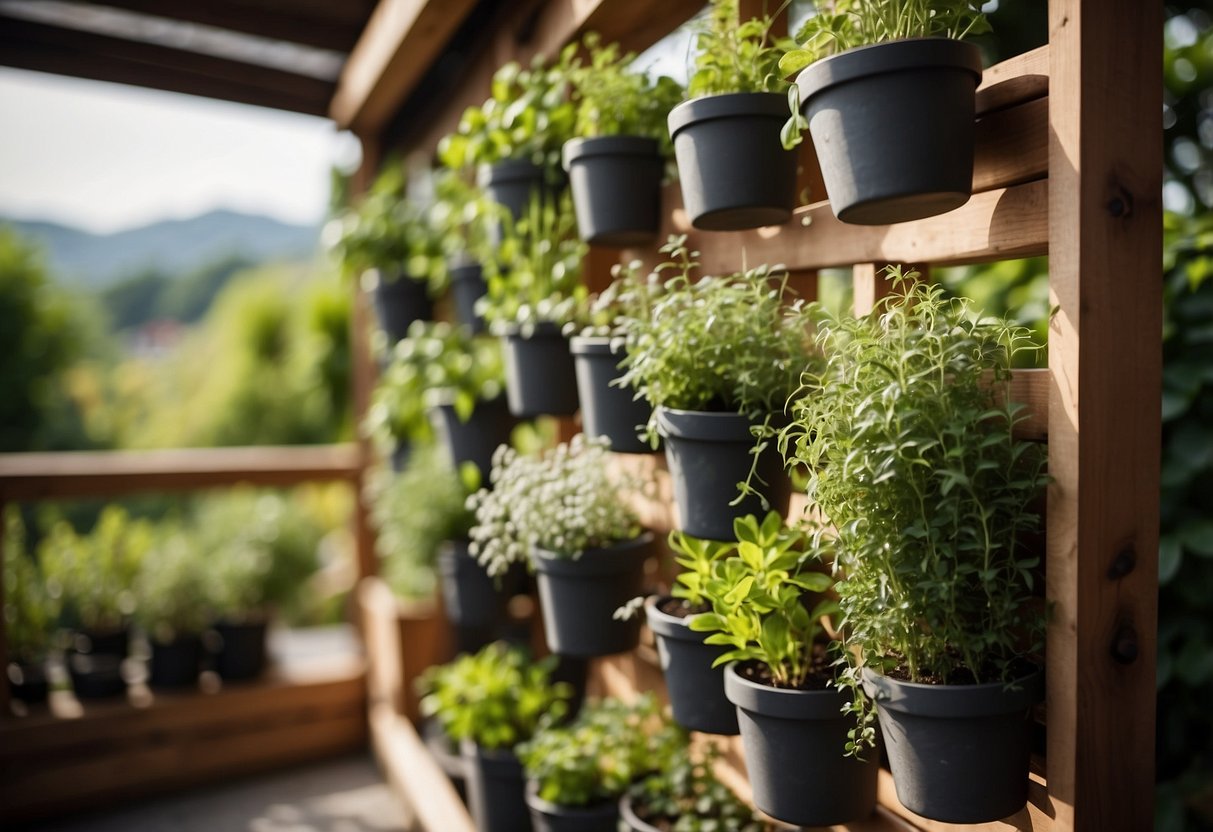 A vertical herb garden adorns an open garden terrace, with pots of various sizes and shapes hanging from a wooden trellis