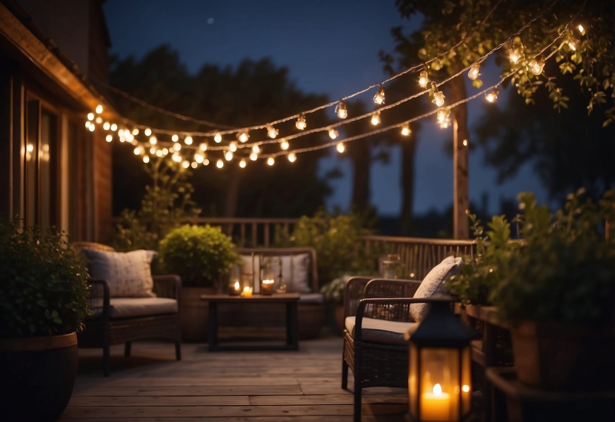 Glowing string lights drape over an open garden terrace, casting a warm and inviting glow. Twinkling against the night sky, they create a magical and enchanting atmosphere