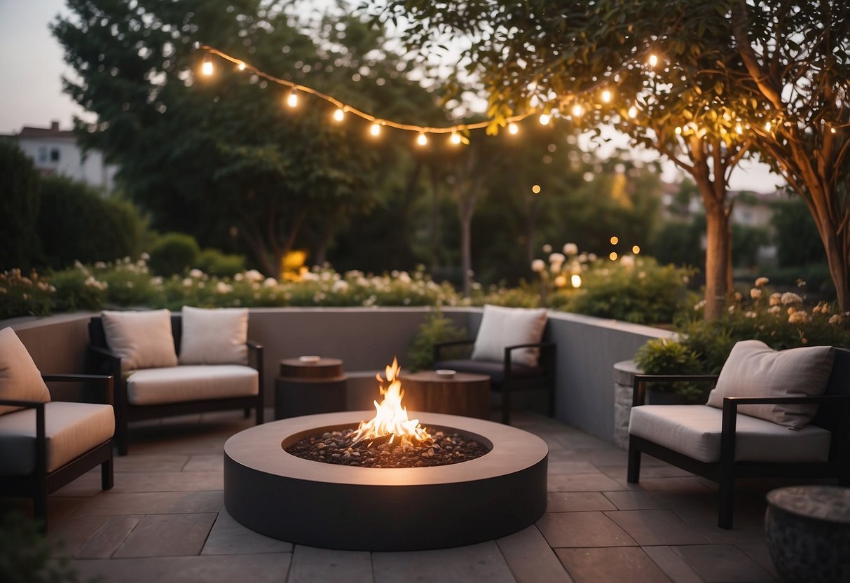 A fire pit table sits in the center of an open garden terrace, surrounded by cozy seating and soft lighting