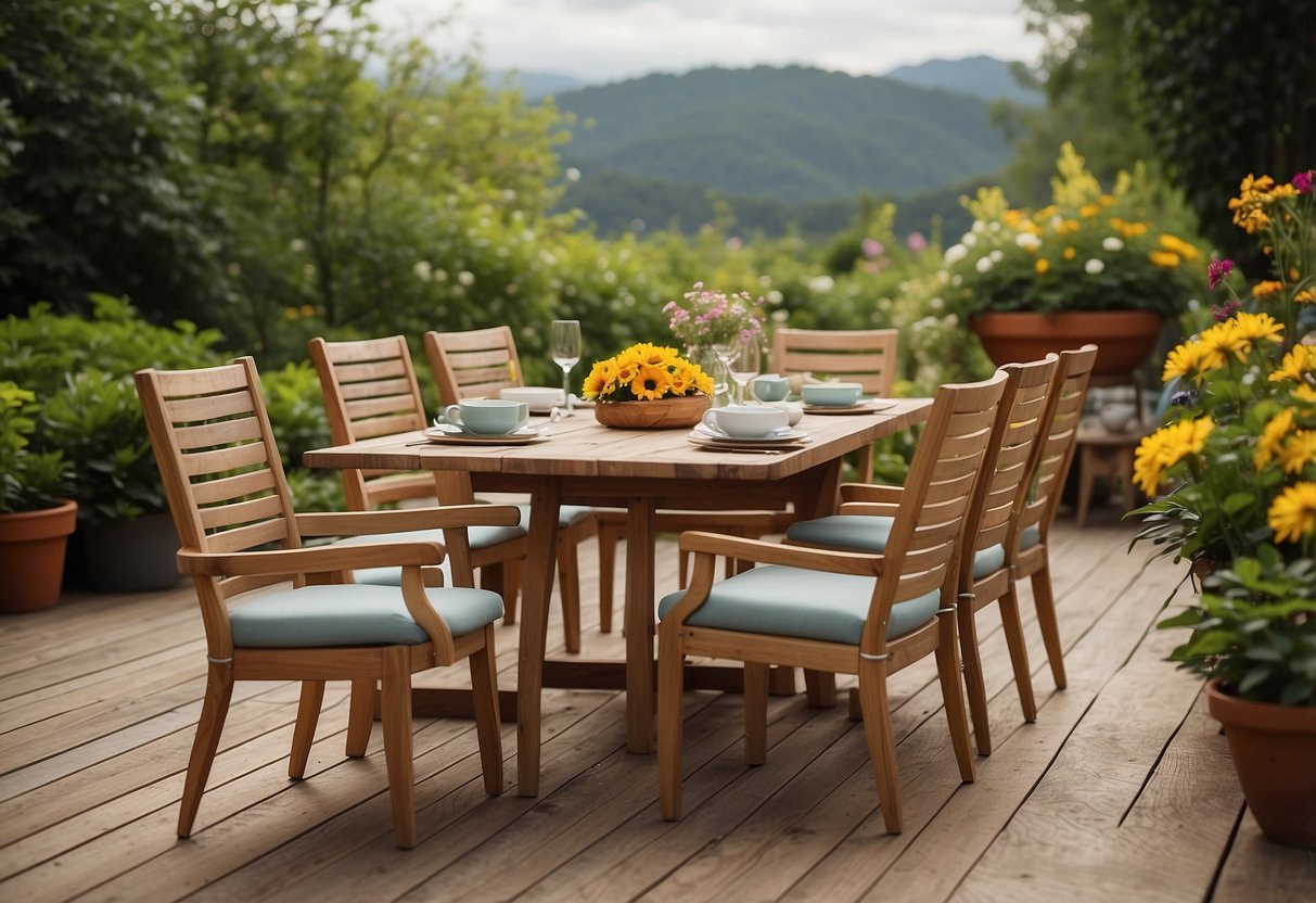 A wooden outdoor dining set is placed on a garden terrace, surrounded by lush greenery and colorful flowers, with a view of the open sky