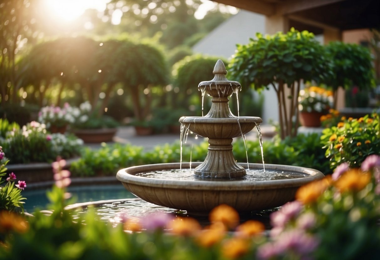 A water fountain glistens in an open garden terrace, surrounded by lush greenery and colorful flowers. The sound of trickling water creates a serene and peaceful atmosphere