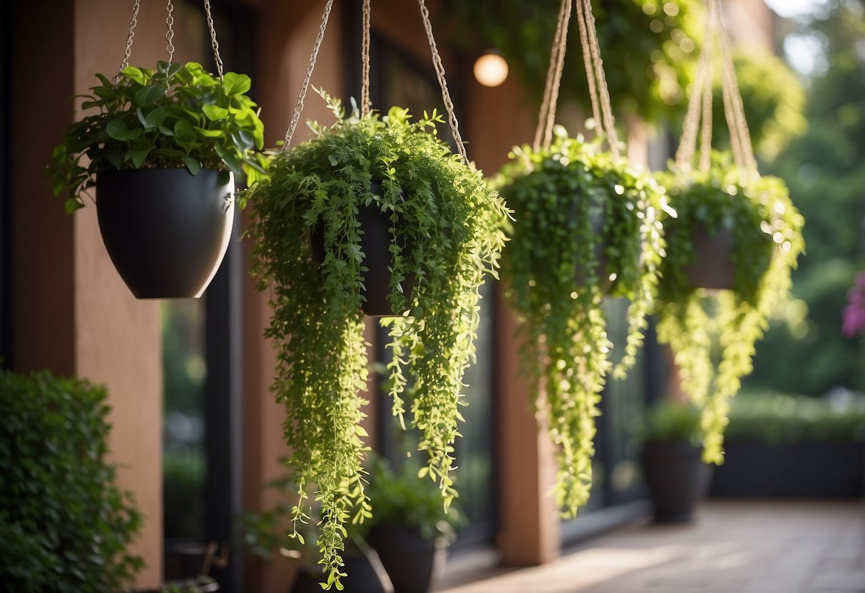 Lush green hanging planters adorn the open garden terrace, creating a vibrant and inviting outdoor space