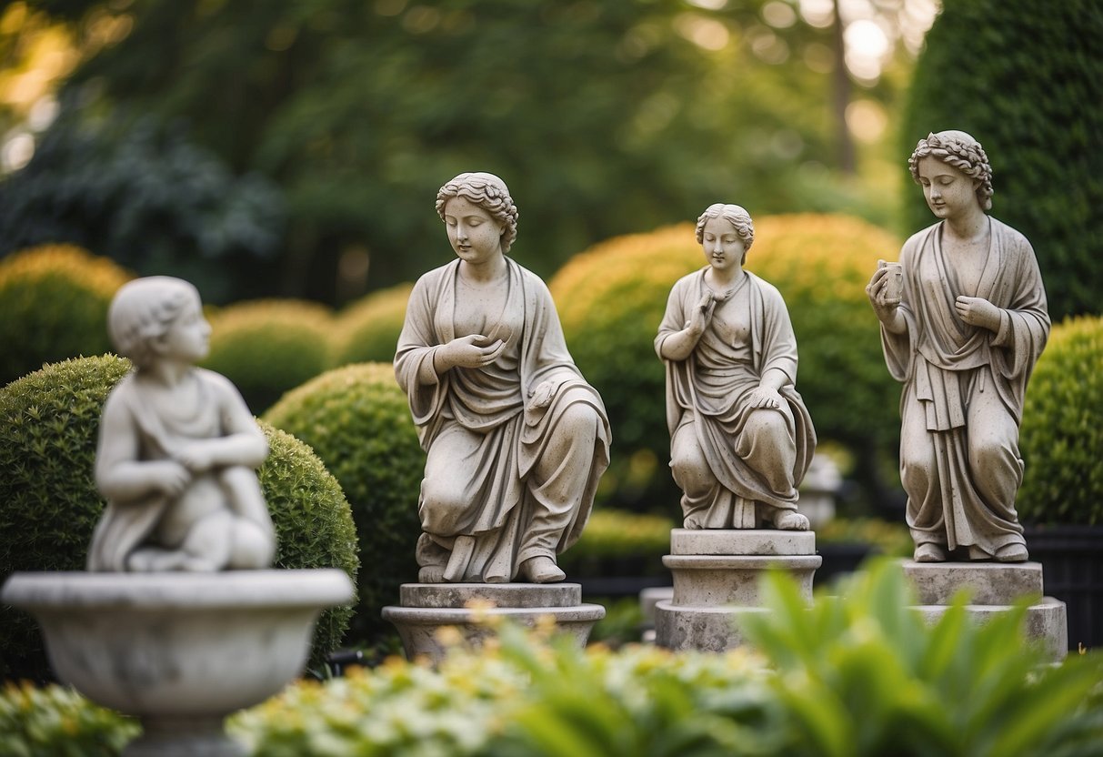 A variety of garden statues, from classical to modern, are placed strategically throughout a lush garden terrace, creating a serene and elegant atmosphere