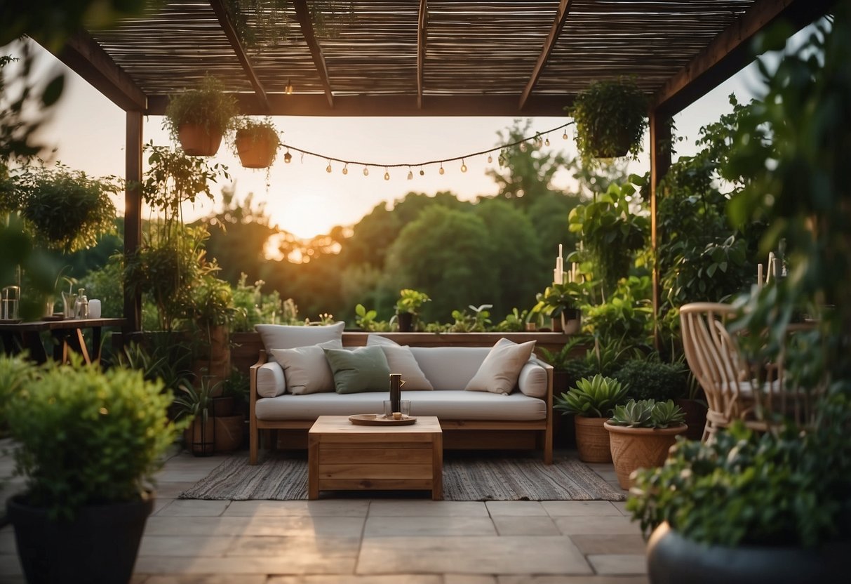 A spacious open terrace with lush green plants, cozy seating areas, and twinkling string lights. A serene oasis perfect for entertaining or relaxing