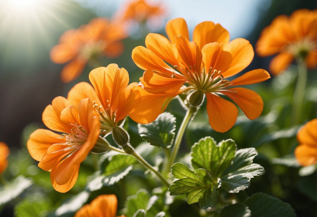 Vibrant orange scented geraniums bloom in a lush garden, filling the air with their sweet, refreshing fragrance