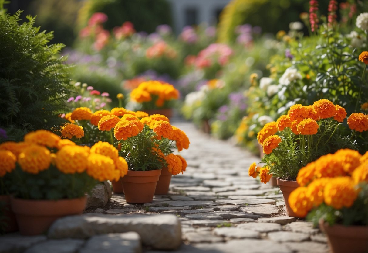 A sunny garden with vibrant orange potted marigolds lining a stone pathway, surrounded by lush greenery and other colorful flowers