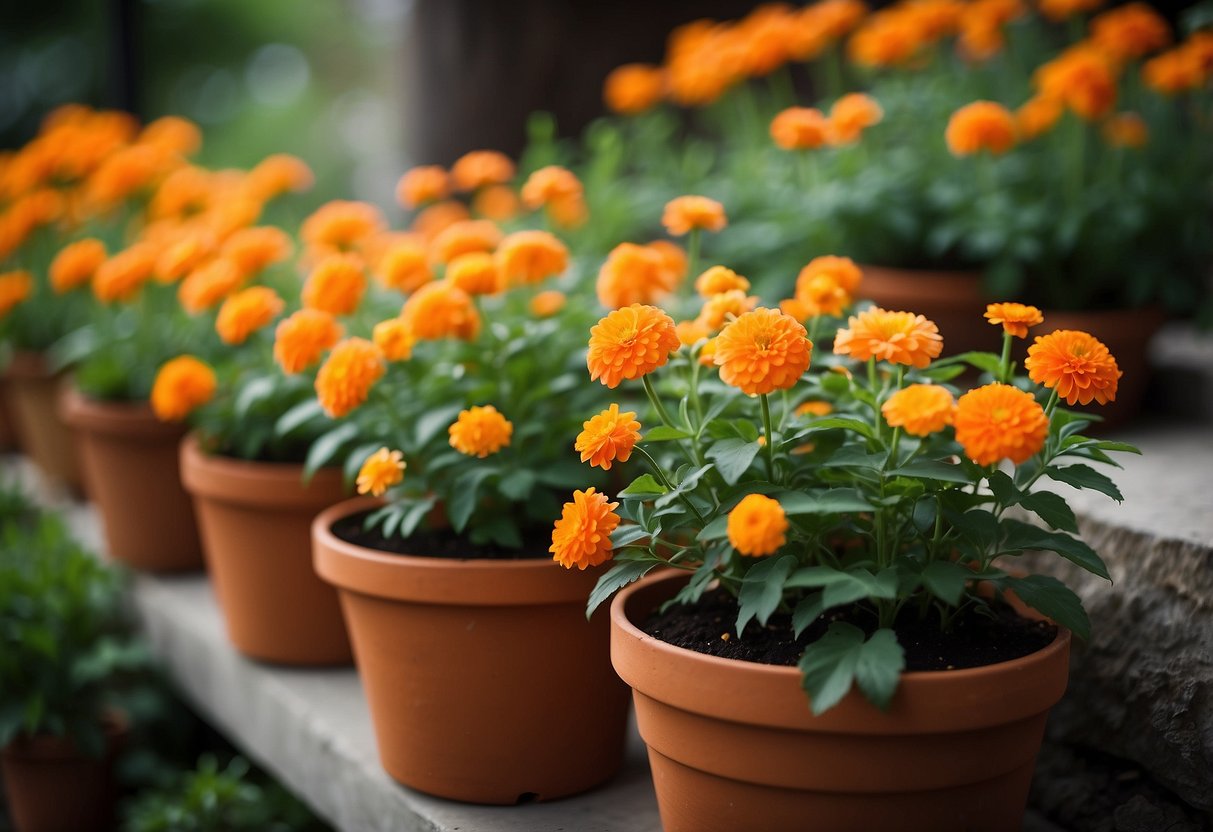 A collection of terracotta pots filled with vibrant orange flowers, arranged in a garden setting with green foliage in the background