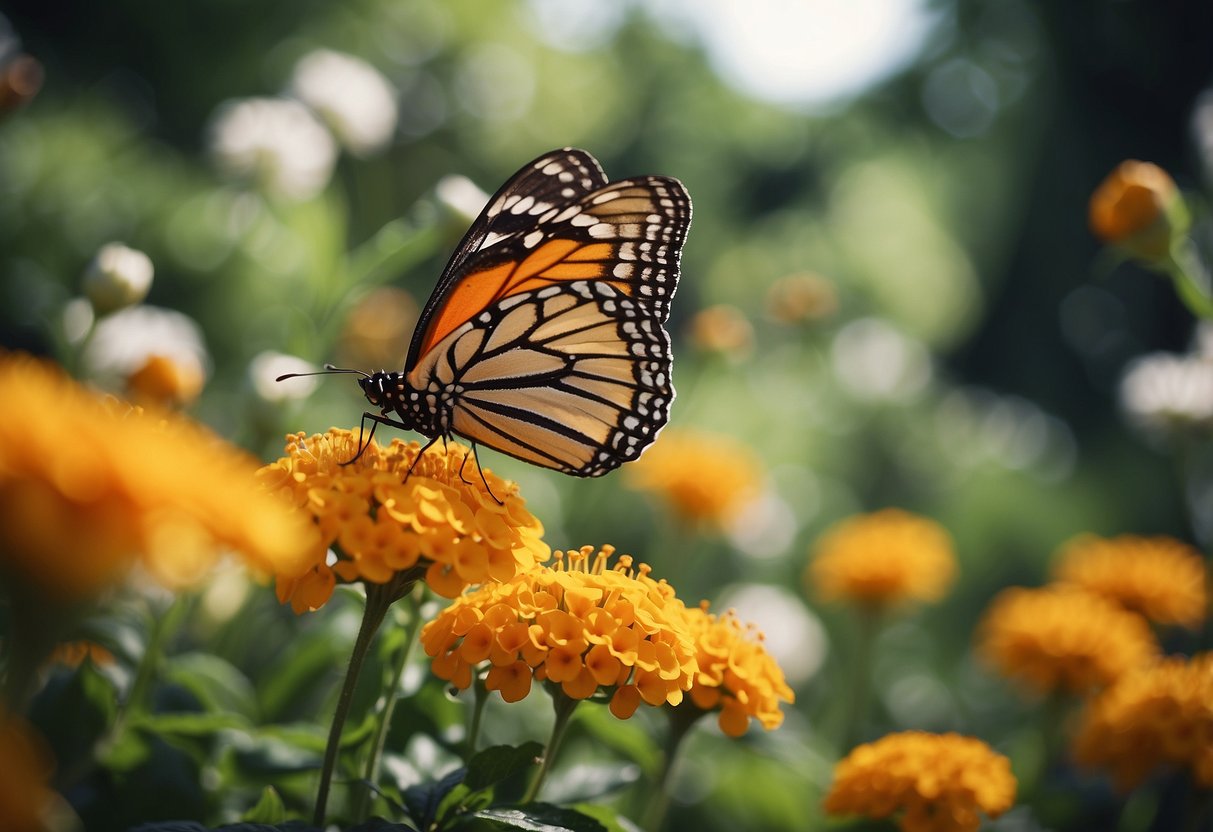 A vibrant orange garden filled with blooming flowers and lush greenery, with butterflies fluttering around and sipping nectar from the colorful blossoms