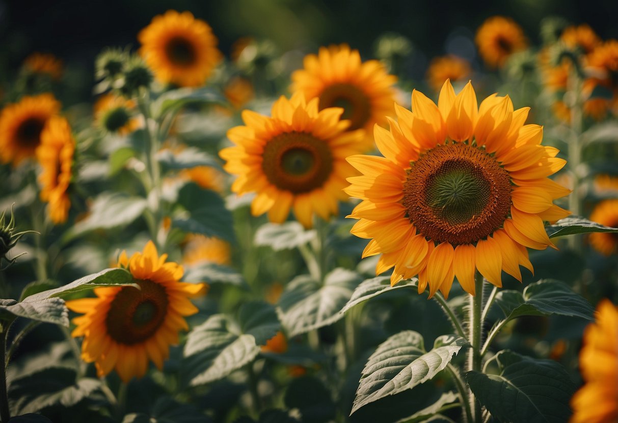 Vibrant orange sunflowers bloom in a lush garden, surrounded by other orange-hued flora and foliage