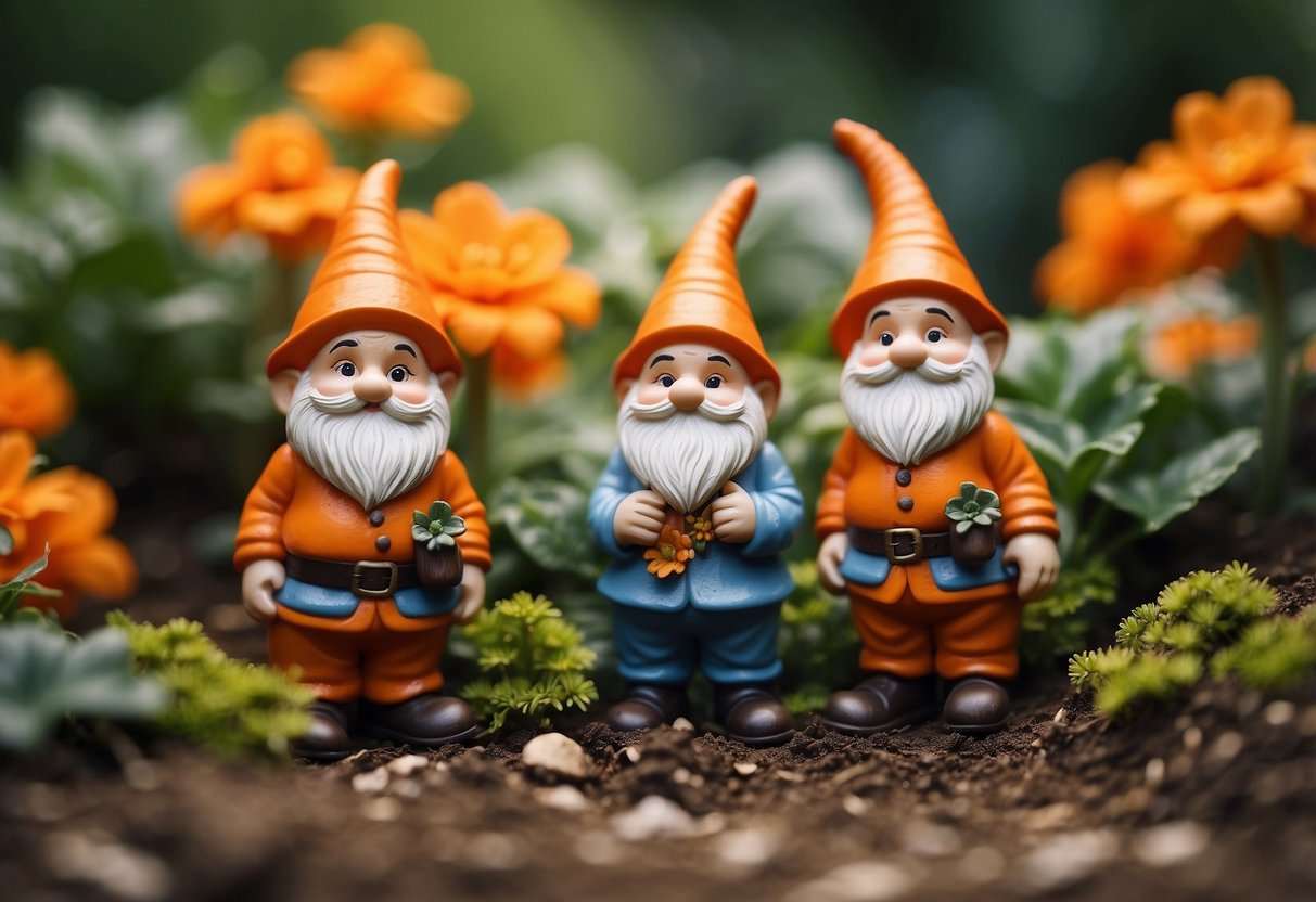 Orange garden gnomes placed among vibrant orange flowers and foliage, adding a whimsical touch to the garden landscape