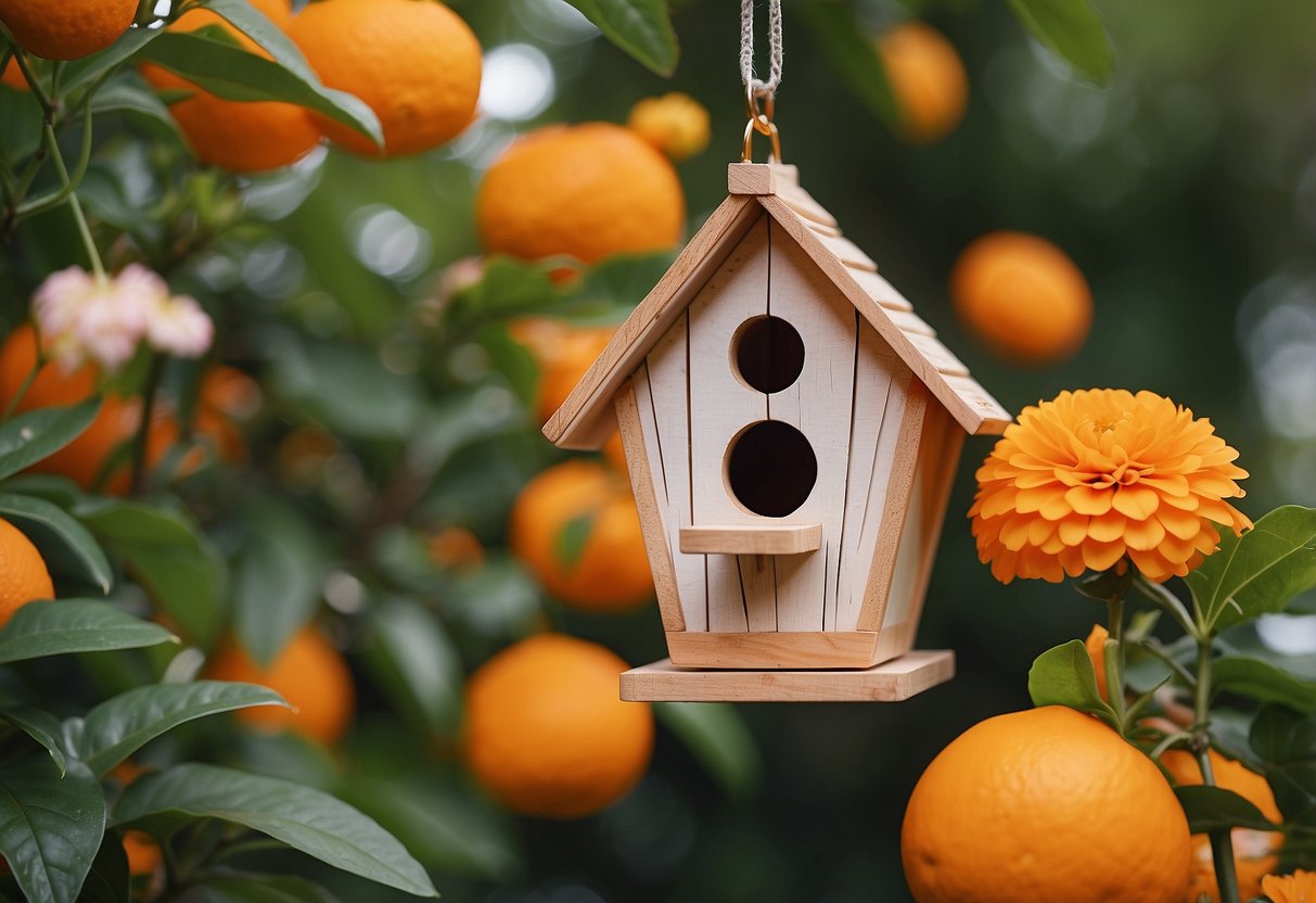 An orange birdhouse surrounded by vibrant orange flowers and fruits in a lush garden setting