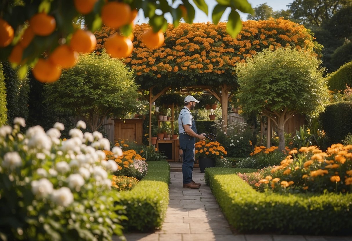 Vibrant orange trees surround a neatly manicured garden with lush greenery and blooming flowers. A gardener tends to the plants, while a small shed holds tools and supplies