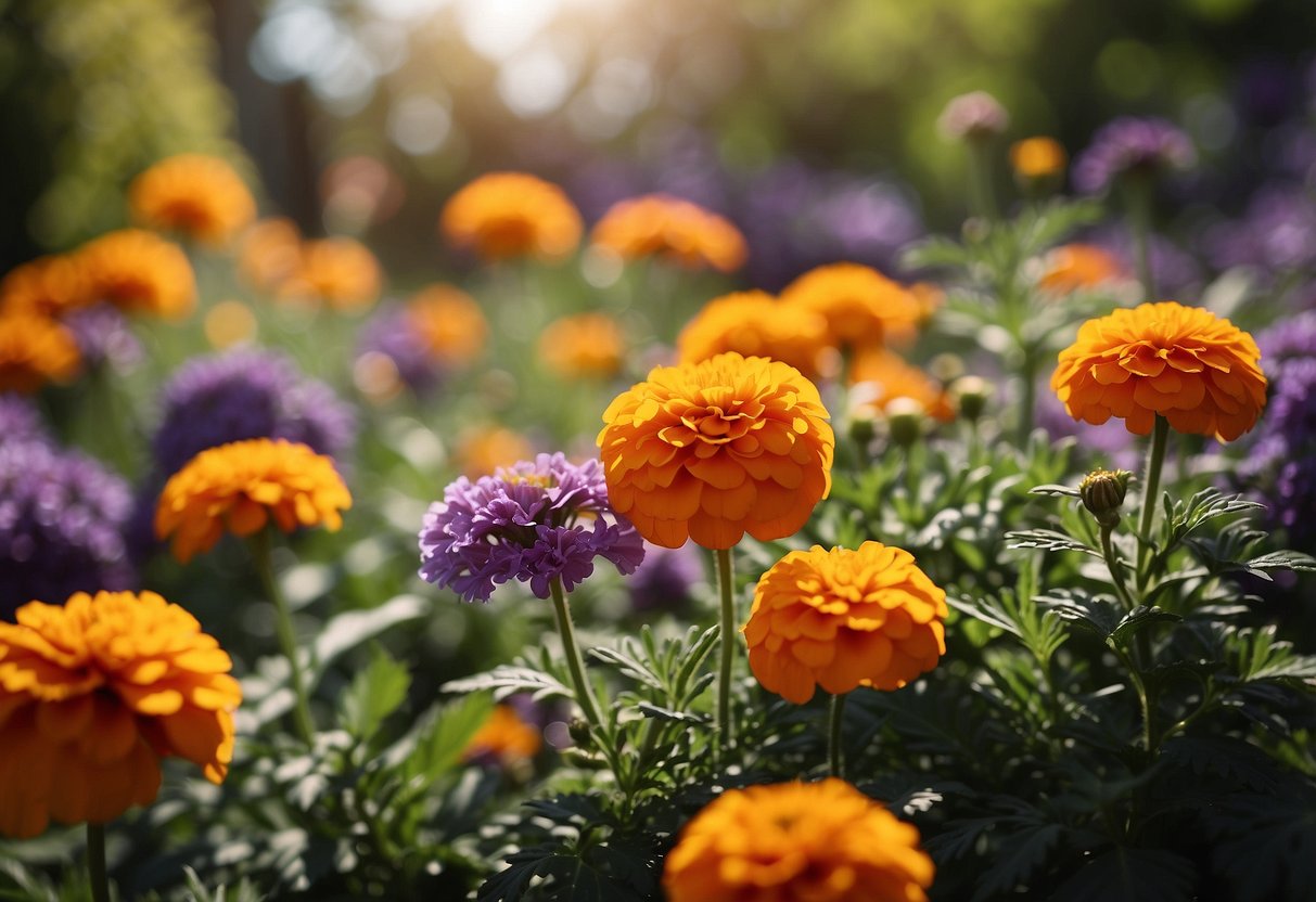 A lush garden with vibrant orange marigolds and purple flowers. Sunshine illuminates the colorful blooms, creating a beautiful and inviting scene