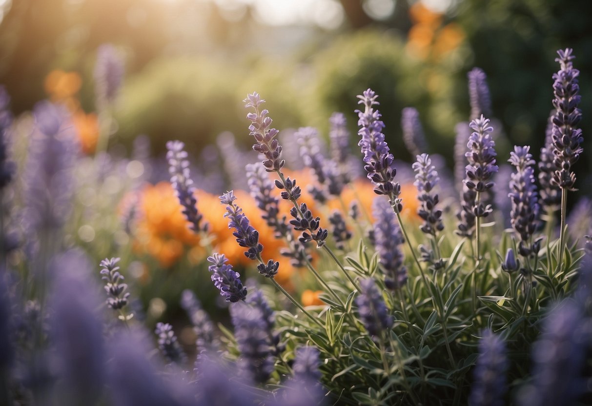 Lavender shrubs bloom in a garden, surrounded by orange and purple flowers