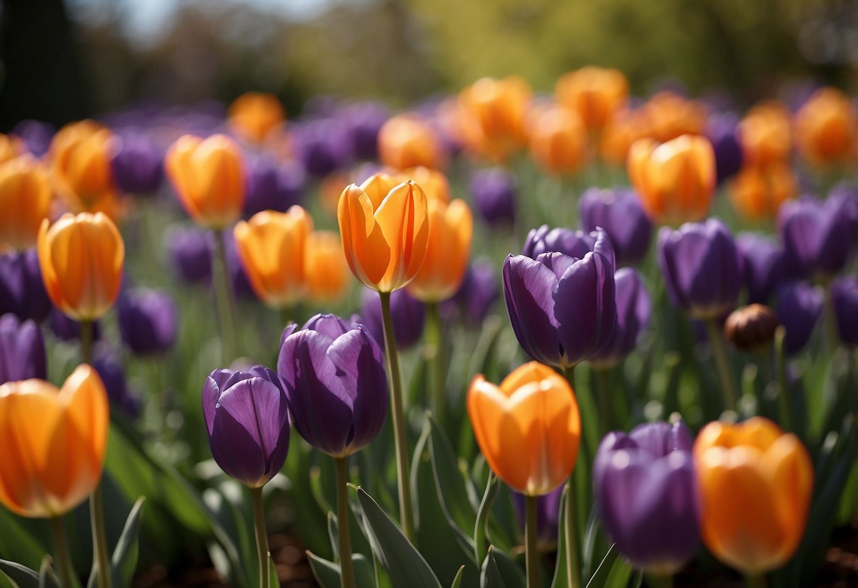 A lush garden filled with orange tulips and purple flowers, creating a vibrant and colorful display