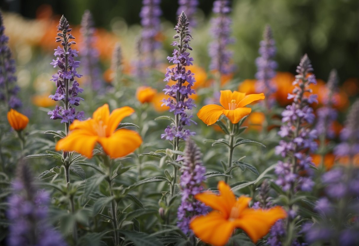 A lush garden with purple salvias and orange flowers in full bloom