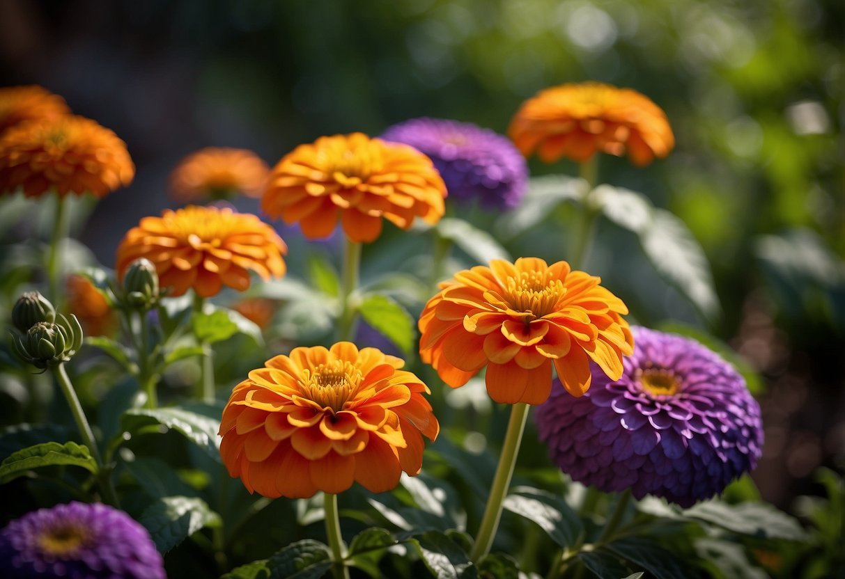 Vibrant orange zinnias bloom among purple flowers in a lush garden setting