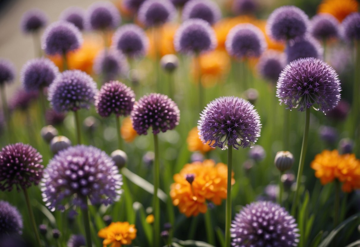 A garden filled with purple alliums and orange flowers, creating a vibrant and colorful display