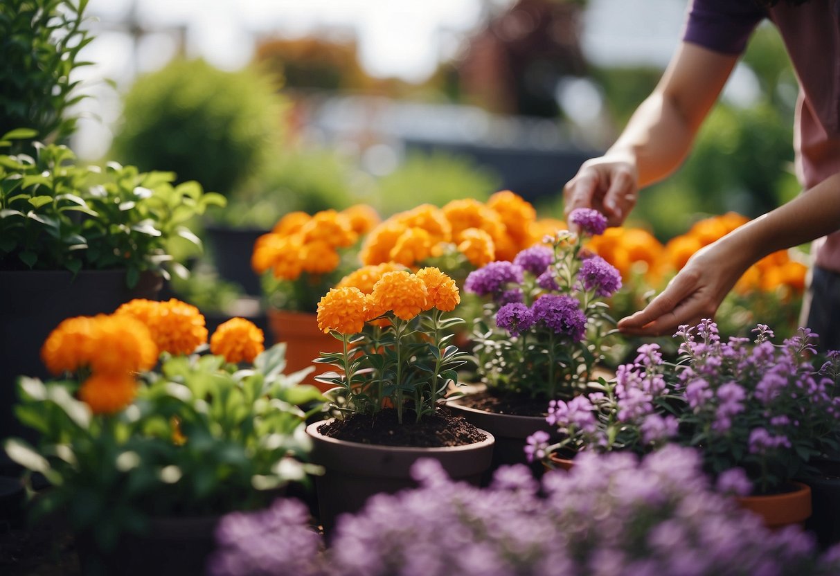 A person carefully chooses orange and purple plants for a vibrant garden