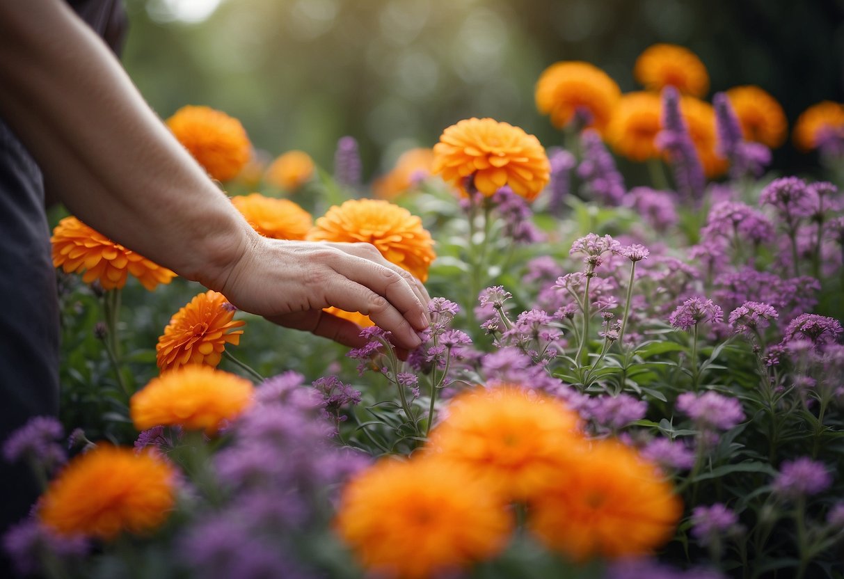 A hand tending to vibrant orange and purple flowers in a lush garden setting