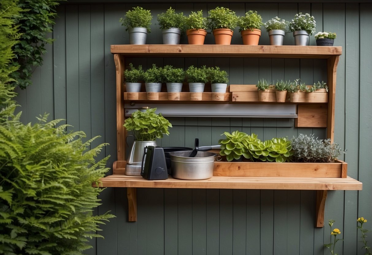 A wall-mounted potting bench with shelves, hooks, and potting tables for garden shed organization