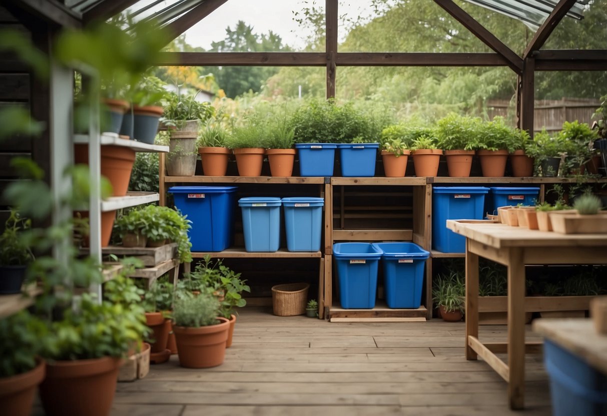 Stackable storage bins neatly arranged in a garden shed with potting tables for organization