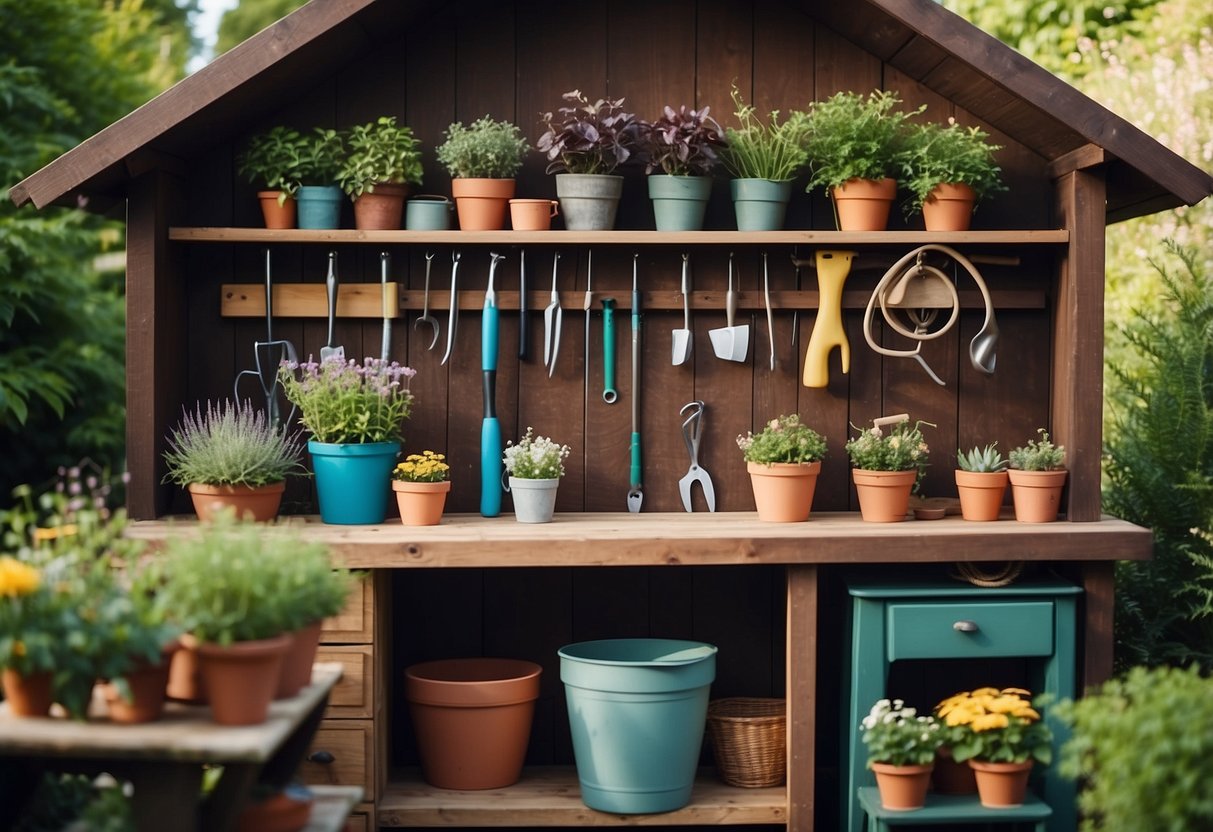 A garden shed with a tool hanger, potting tables, and organized gardening supplies