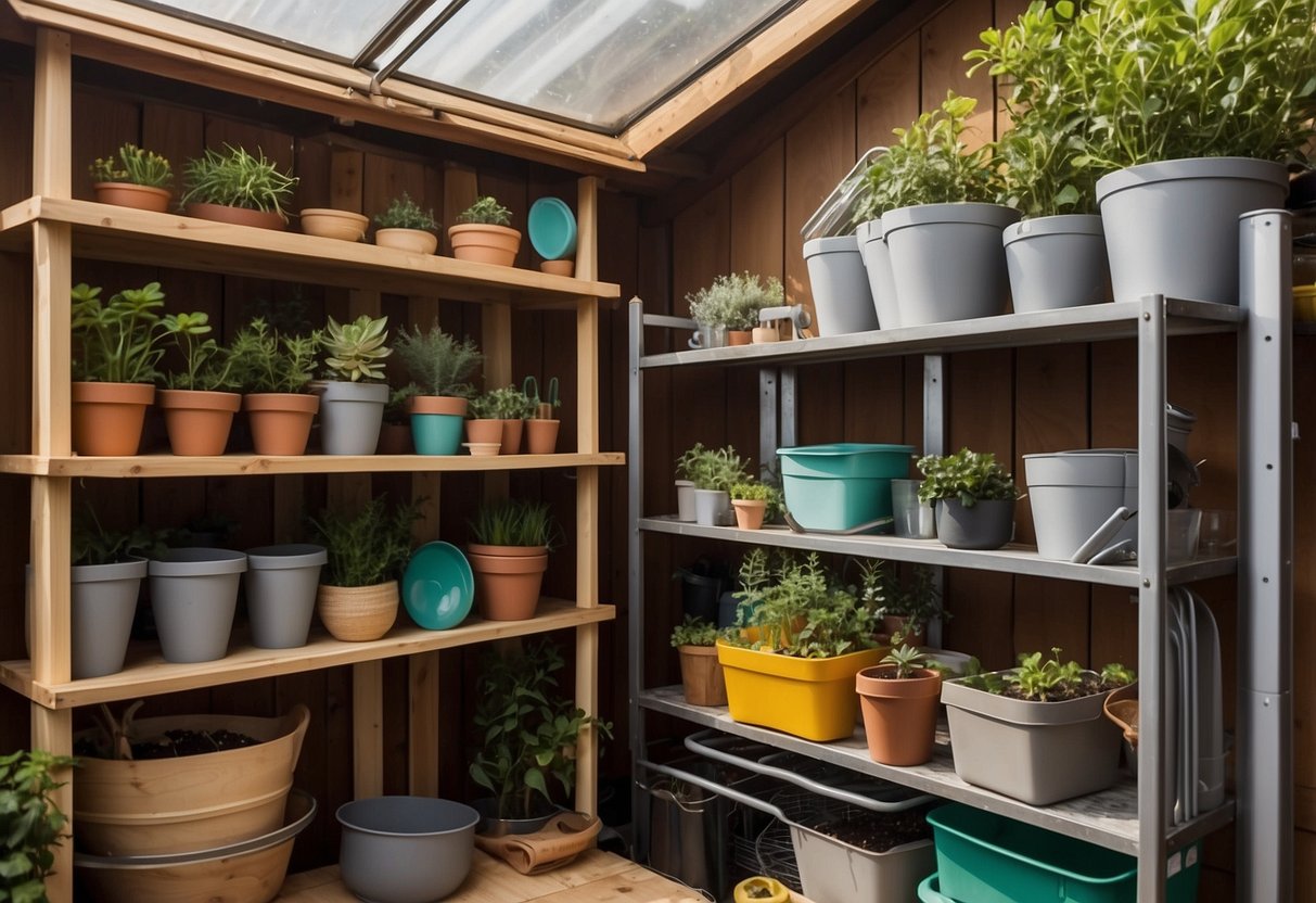 Modular shelving units hold gardening tools and supplies in a tidy garden shed. Potting tables provide ample workspace for planting and repotting