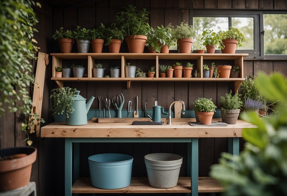 A garden shed with a magnetic tool rack and potting tables