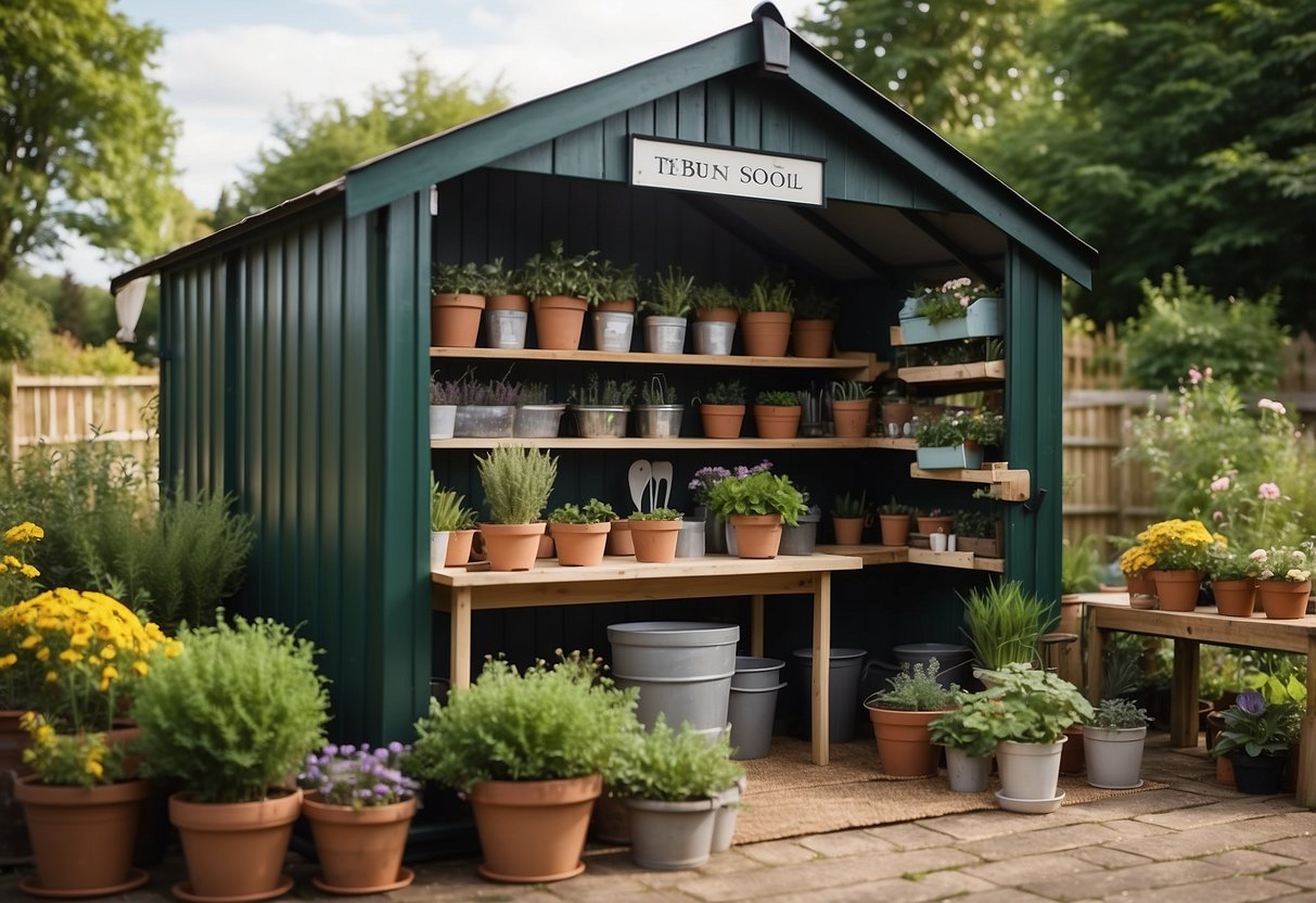 A garden shed with weatherproof label clips, potting tables, and organized gardening supplies