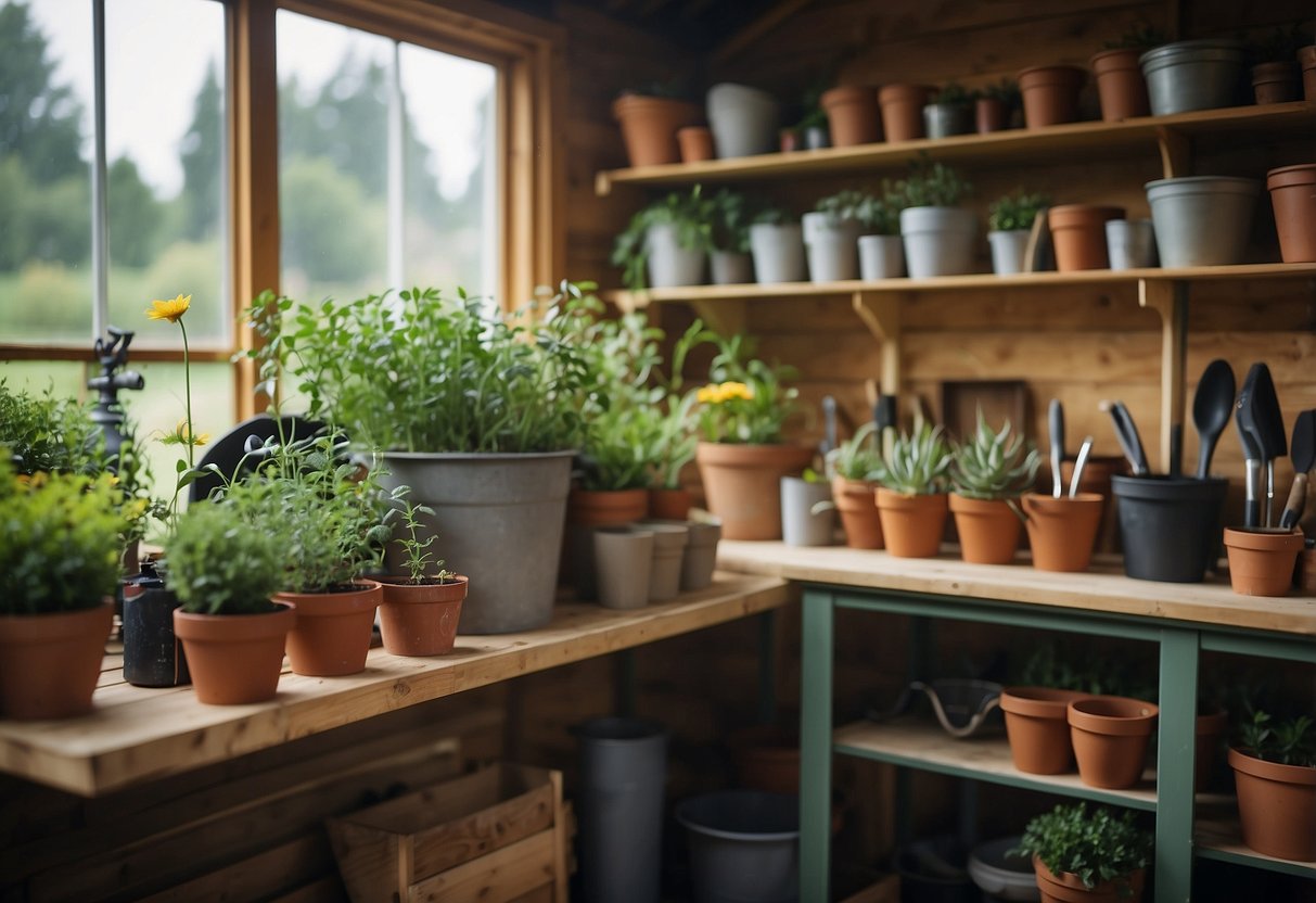 A rolling plant caddy sits next to a potting table in a tidy garden shed. Pots and gardening tools are neatly organized on the shelves