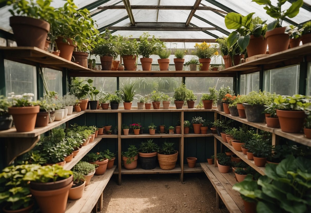 A multi-tiered greenhouse rack holds various plants and gardening supplies. Potting tables are neatly organized with tools and potted plants