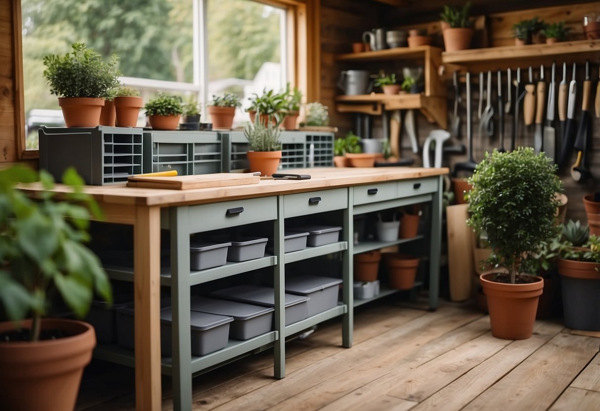 Sliding storage drawers neatly organize tools and supplies in a garden shed, alongside a potting table for gardening tasks