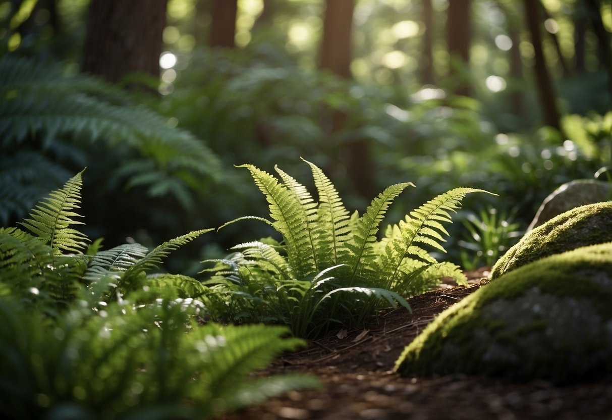 Shaded corner with lush ostrich ferns, dappled light filtering through. Rich green foliage cascading over rocks and soft ground