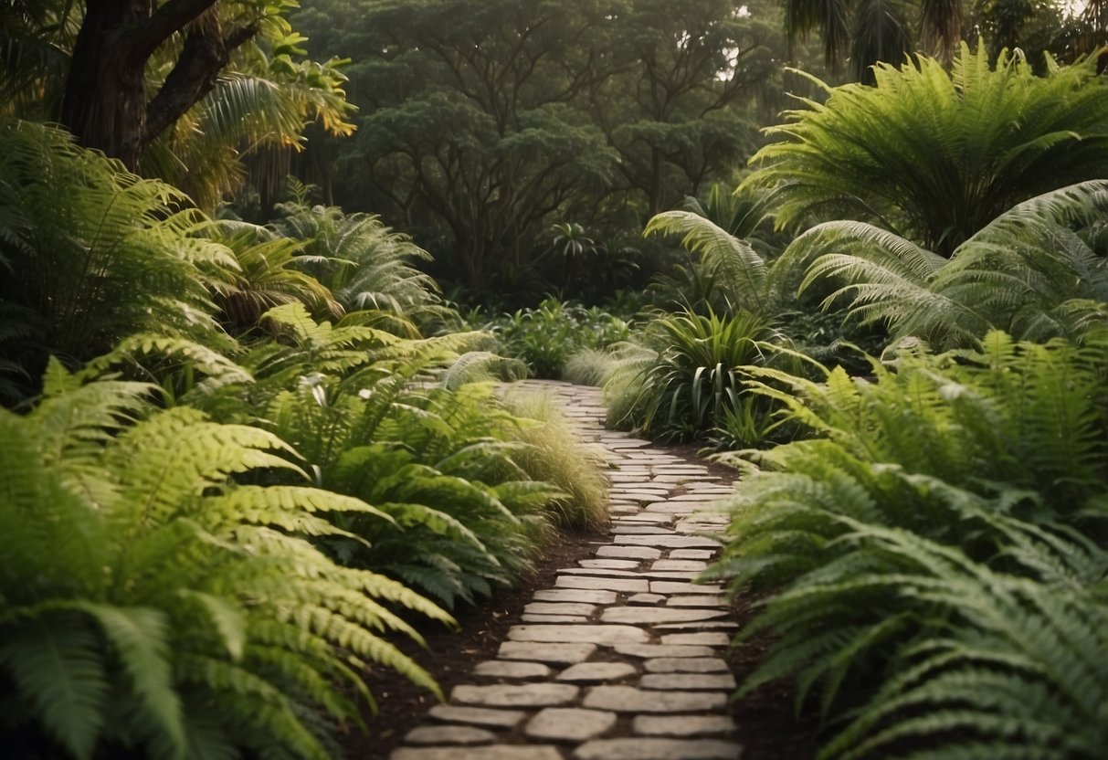 A winding pathway bordered by lush ostrich ferns leads to a tranquil garden, providing inspiration for a peaceful and natural outdoor space