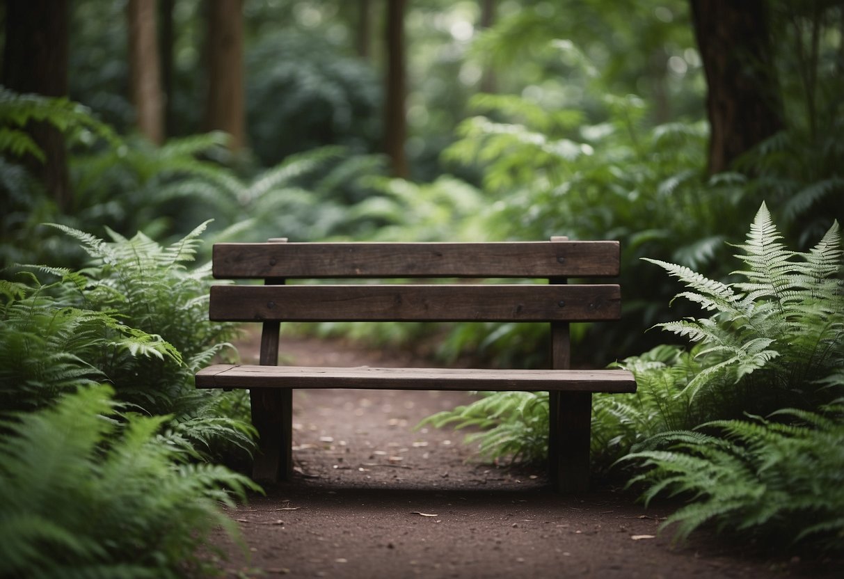 A serene retreat with lush ferns surrounding a weathered bench, creating a peaceful oasis