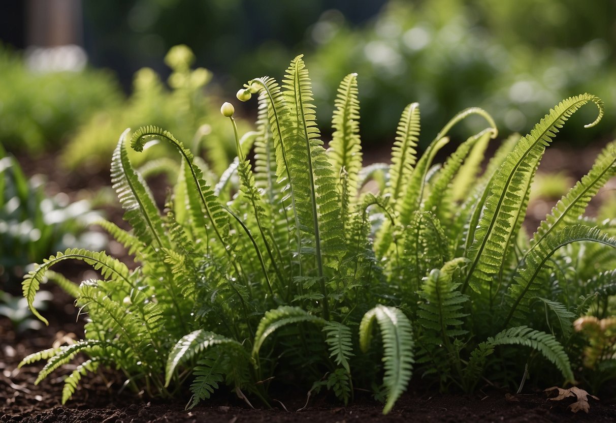 Lush green ostrich ferns intertwine with colorful spring bulbs in a garden bed