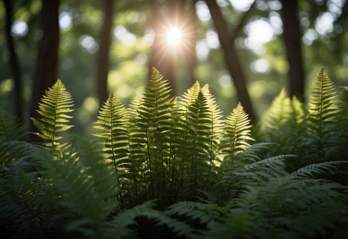 A lush garden filled with tall, graceful ostrich ferns, dappled sunlight filtering through the canopy, creating a serene and peaceful atmosphere