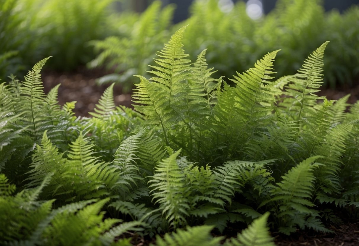 Lush green ostrich ferns thrive in a well-mulched garden bed, with ample shade and consistent moisture. A layer of organic compost helps maintain soil nutrients and retain moisture. Regular pruning of dead fronds and division of crowded clumps encourages