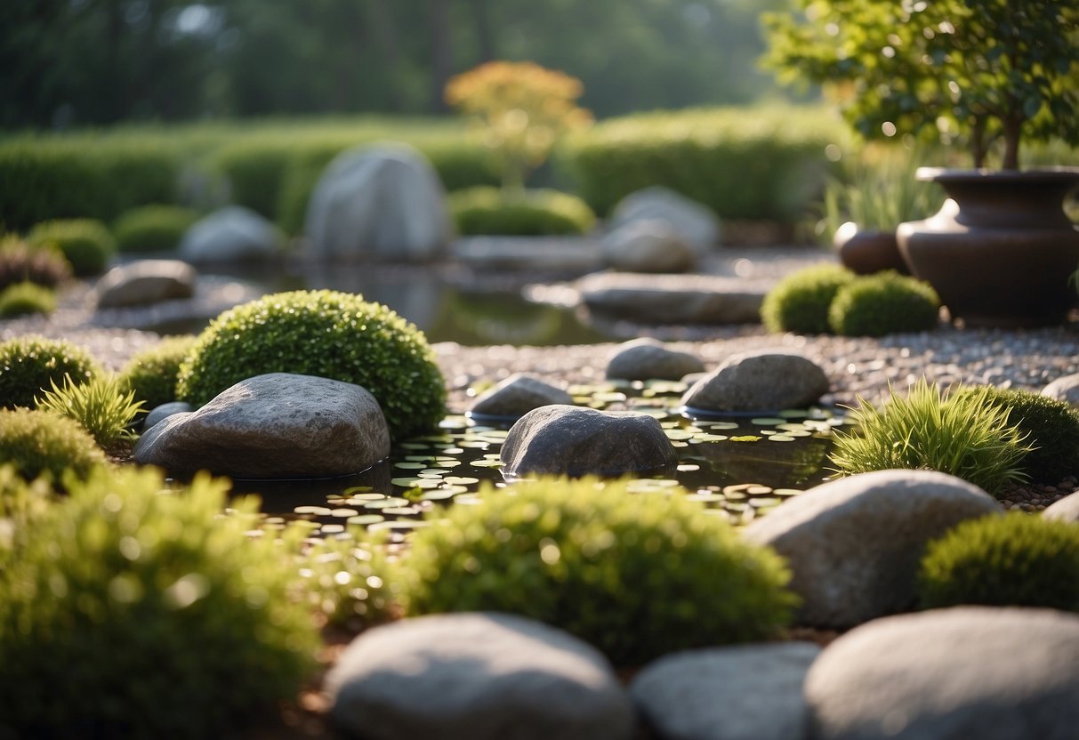 A serene Zen rock garden with carefully raked gravel, surrounded by lush greenery and a peaceful pond