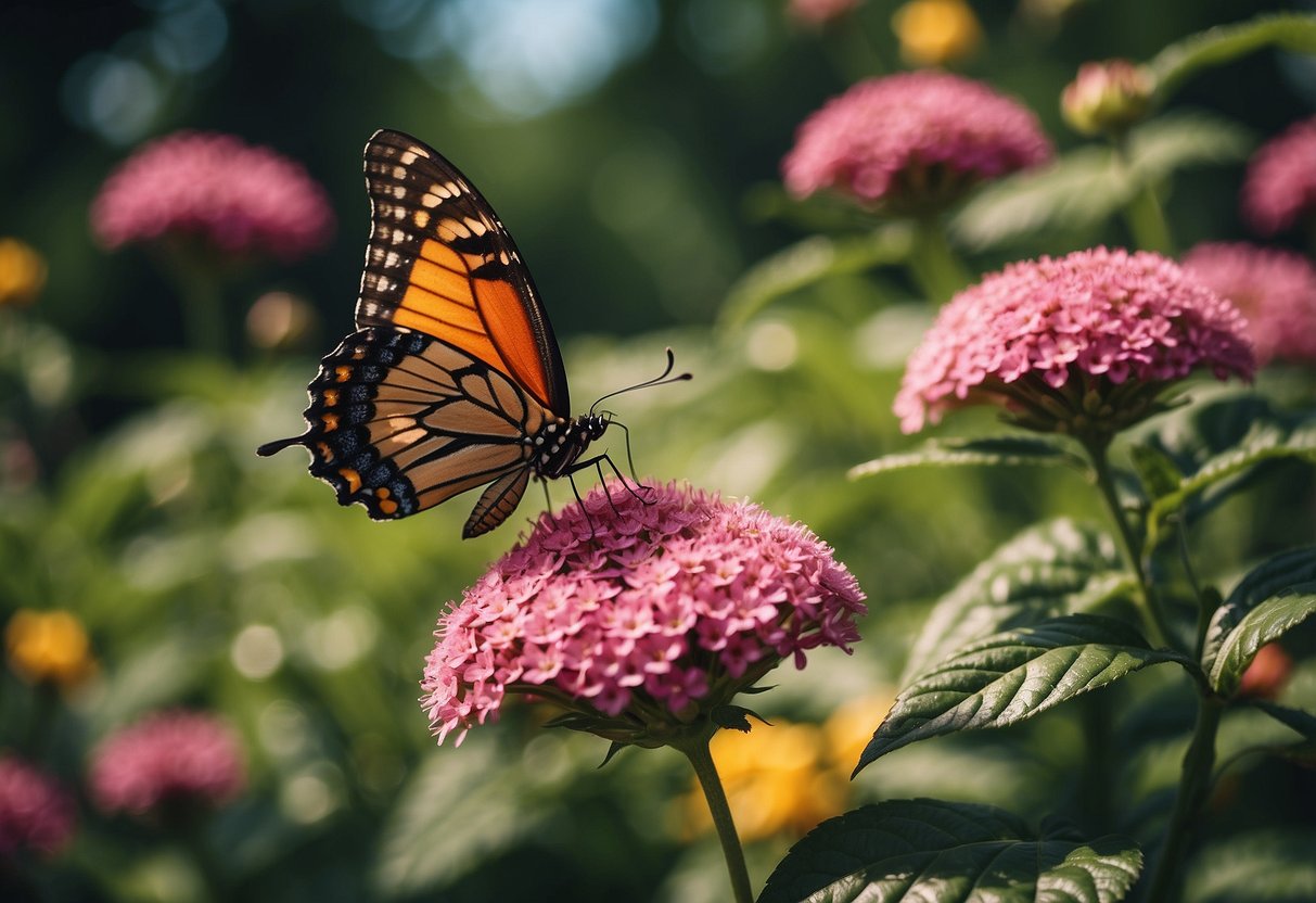 A lush garden filled with vibrant butterfly-friendly plants in Ottawa. The flowers are in full bloom, attracting colorful butterflies fluttering around