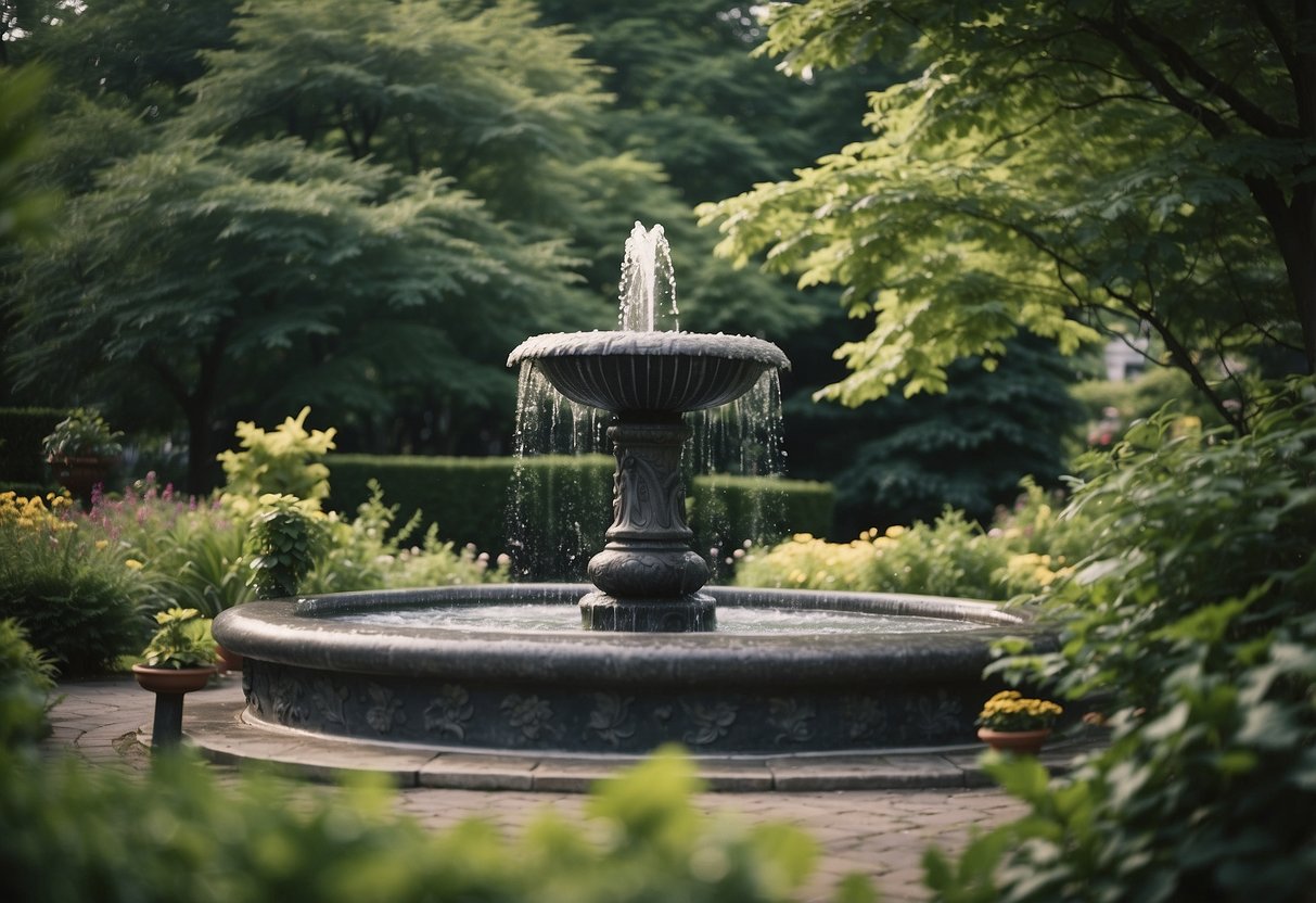 A grand water fountain surrounded by lush greenery in an elegant Ottawa garden