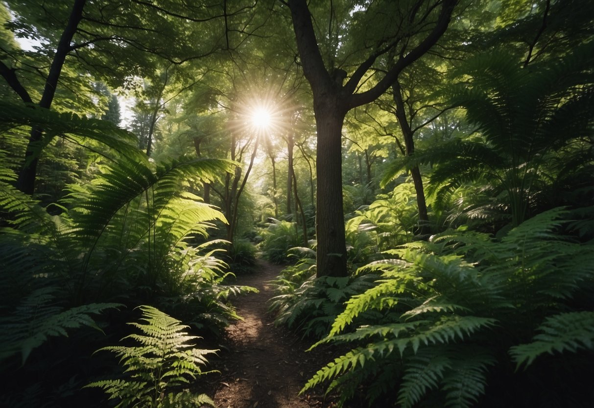 A lush fern garden in Ottawa, with dappled sunlight filtering through the canopy, creating a serene and tranquil atmosphere