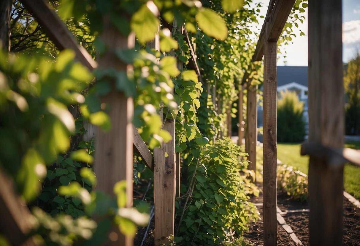 Wooden trellises support climbing plants in a rustic Ottawa garden