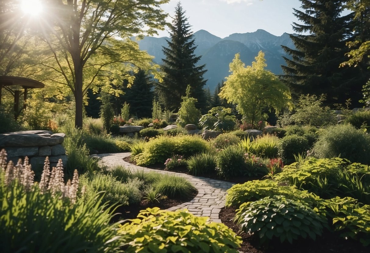 A lush garden in Ottawa, with hardy plants and trees, surrounded by snow-capped mountains, and a crisp blue sky above