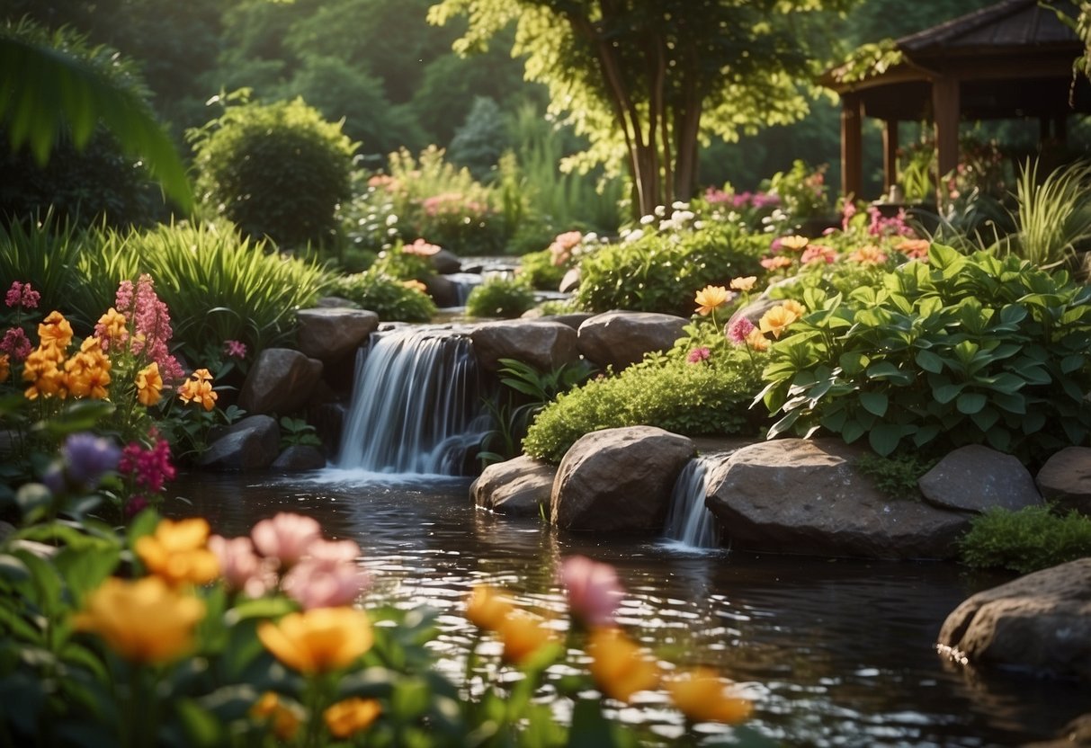 A tranquil garden with a flowing stream, serene pond, and cascading waterfall surrounded by lush greenery and colorful flowers