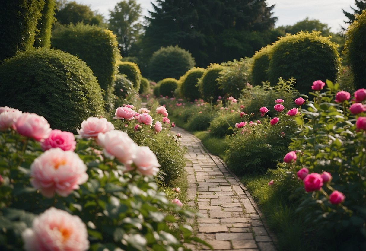 A lush garden filled with vibrant peony roses in full bloom, surrounded by carefully planned pathways and greenery