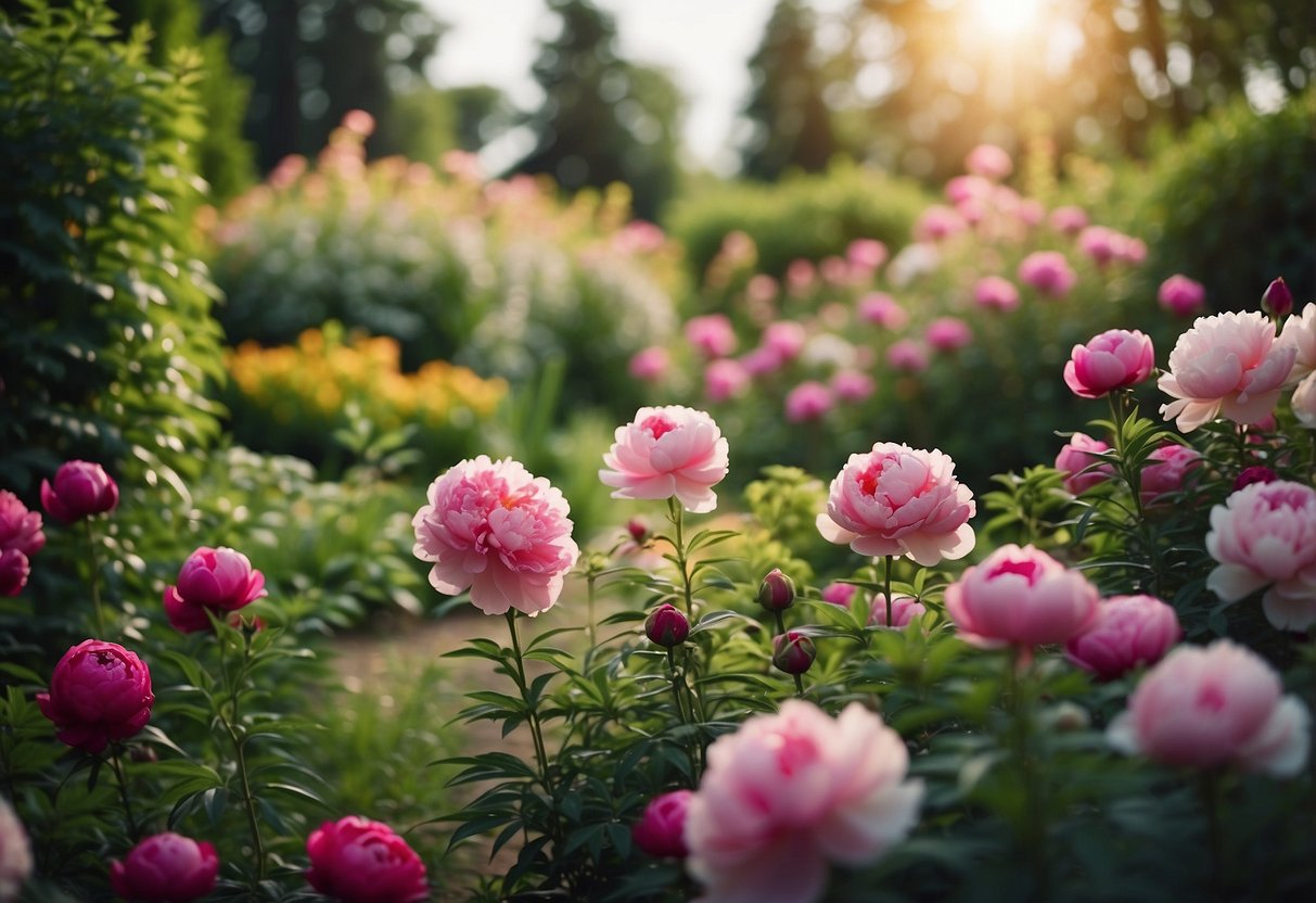 A lush garden filled with vibrant peonies and perennial flowers, blooming in a harmonious mix of colors and sizes